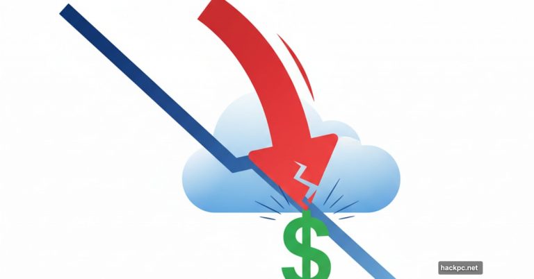 Downward price arrow crashing through cloud storage provider logos and dollar signs