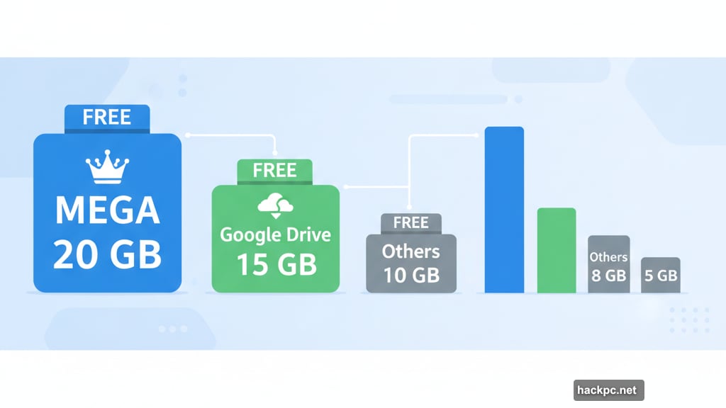 MEGA leads with 20 GB free storage versus Google Drive