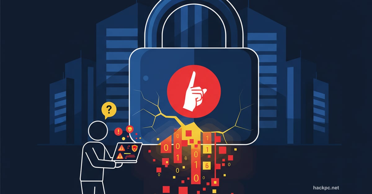 Cracked padlock with shush symbol leaking data, representing hidden cyber breaches