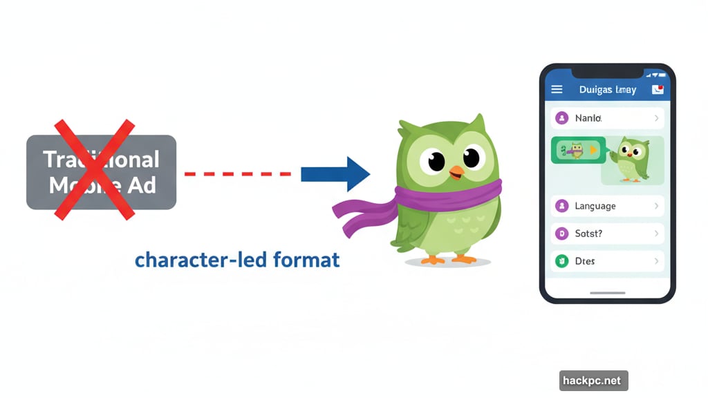 Character-led ads replace traditional mobile banner advertisements in lessons