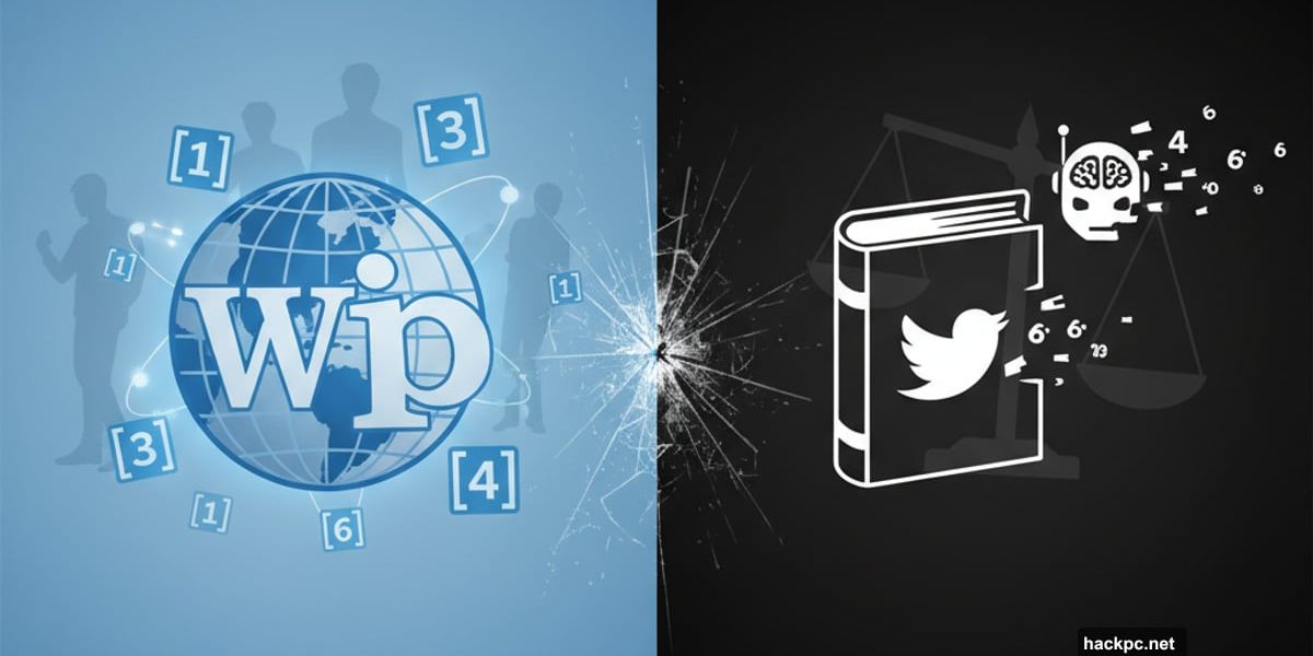 Wikipedia versus Grokipedia split showing transparent citations versus AI-generated content