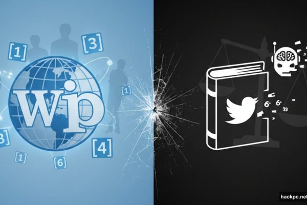 Wikipedia versus Grokipedia split showing transparent citations versus AI-generated content