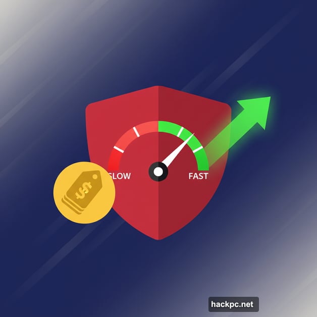 ExpressVPN shield with speedometer showing improved speed versus high price tag