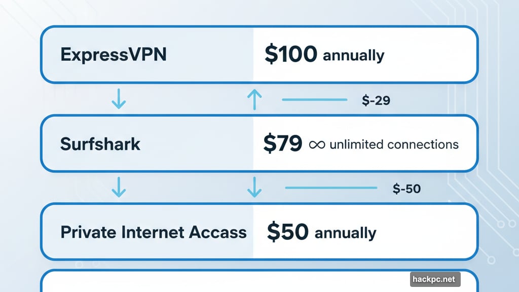 Surfshark and Private Internet Access cost less than ExpressVPN annual renewal
