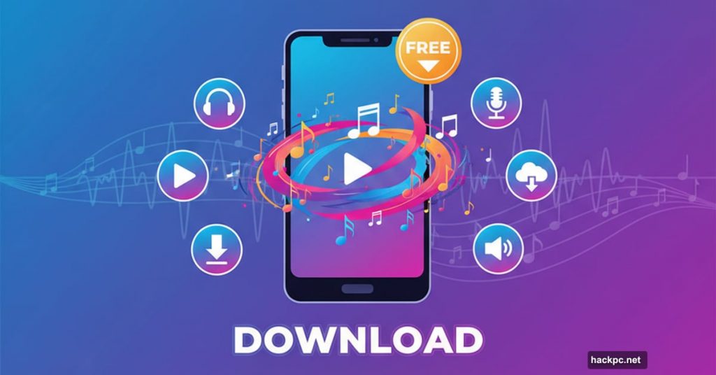 Smartphone with music notes surrounded by five app download icons