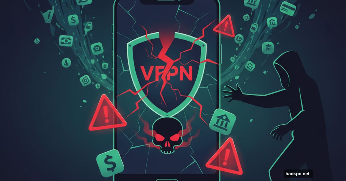 Smartphone with broken VPN shield revealing skull, banking symbols draining away