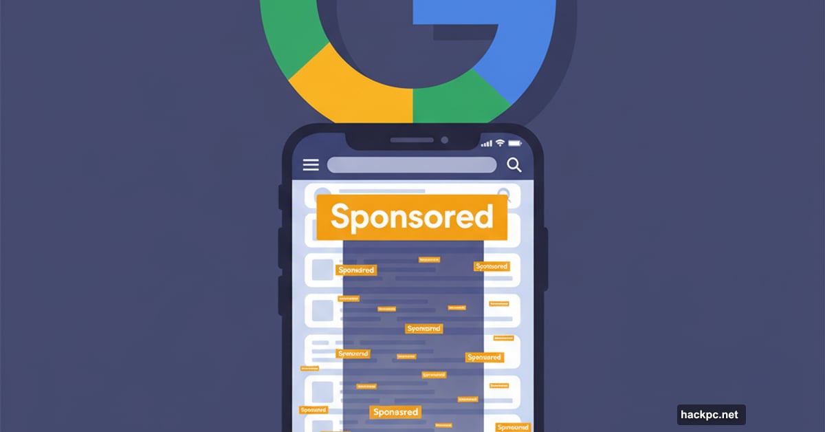 Google logo above phone screen with Sponsored ad label following down page