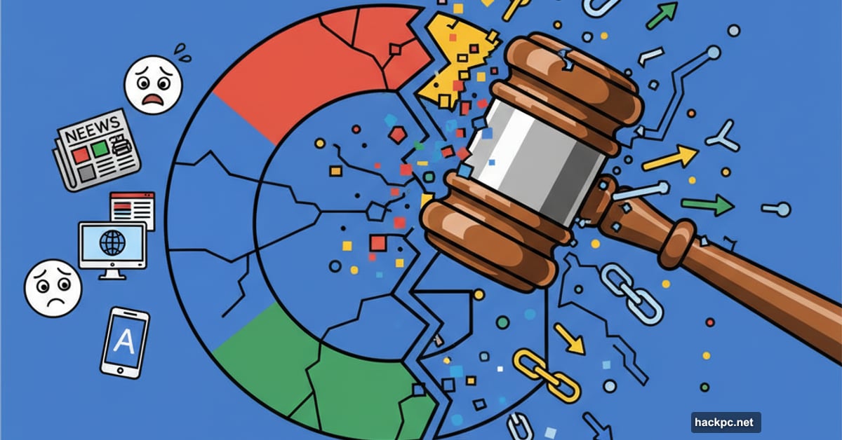 Google logo splitting apart with worried publisher icons watching