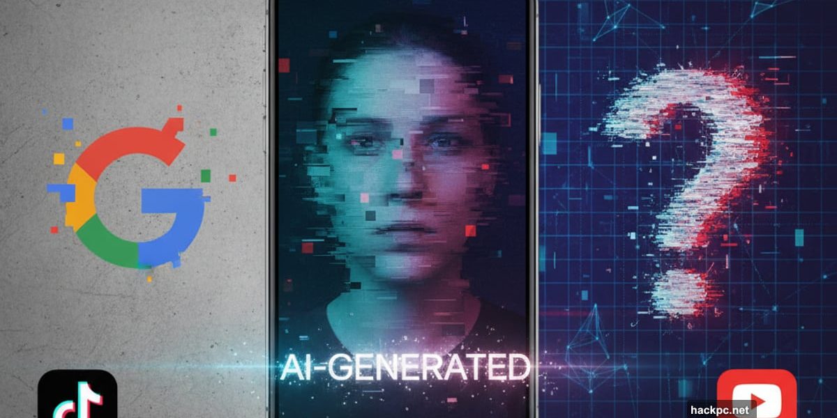 Smartphone showing glitching AI video with Google logo and social media icons