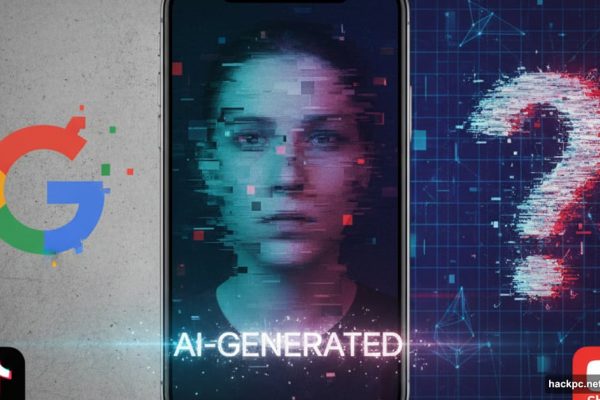 Smartphone showing glitching AI video with Google logo and social media icons