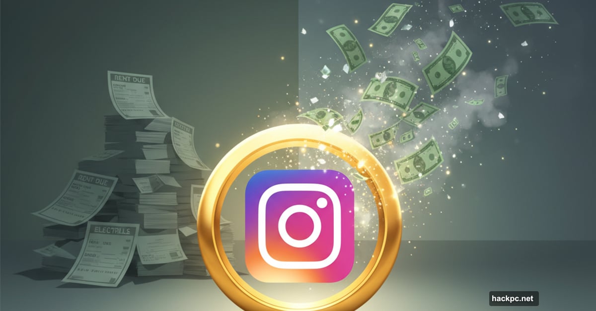 Gold Instagram ring in spotlight with faded dollar bills disappearing behind