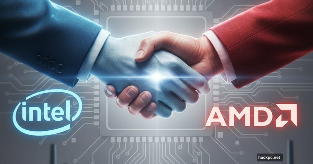 Intel and AMD logos joining in partnership handshake over semiconductor background