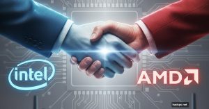 Intel and AMD logos joining in partnership handshake over semiconductor background