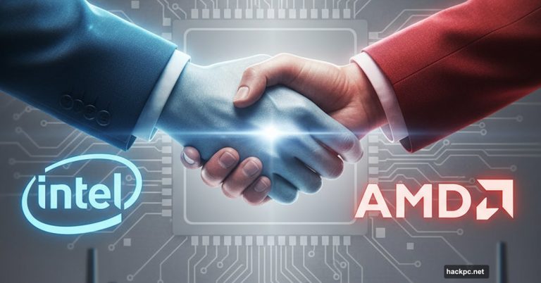 Intel and AMD logos joining in partnership handshake over semiconductor background