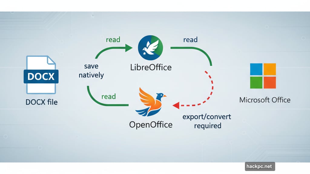 LibreOffice handles Microsoft Office formats natively without extra conversion steps