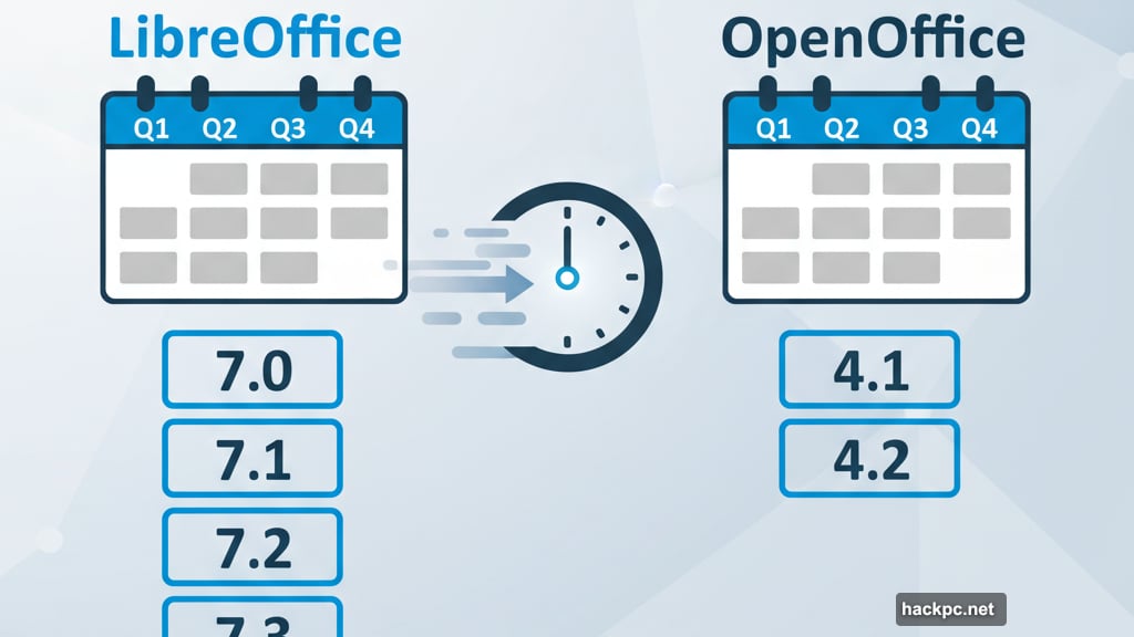 LibreOffice releases updates constantly while OpenOffice updates arrive once yearly