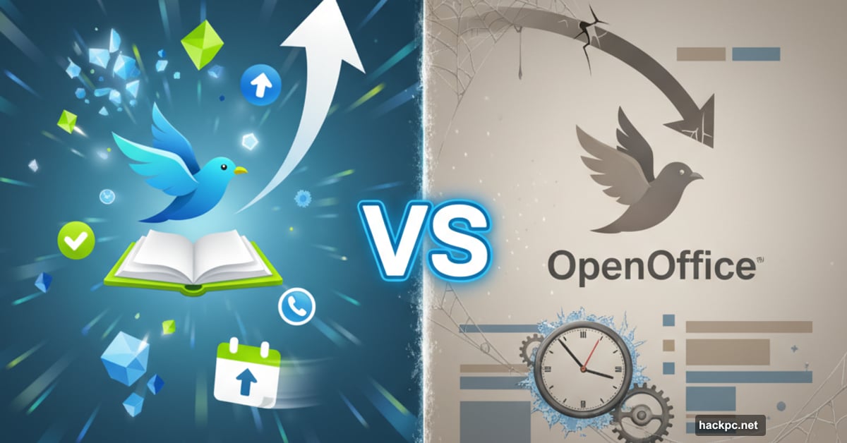 LibreOffice versus OpenOffice split comparison showing active versus frozen development