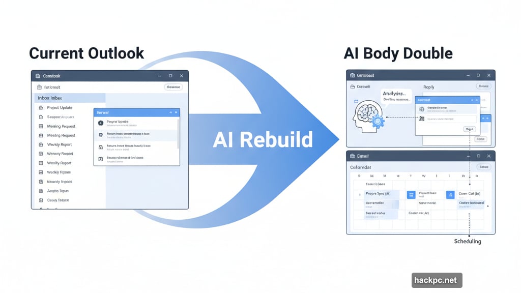 Outlook reimagined as AI body double managing email and calendar automatically