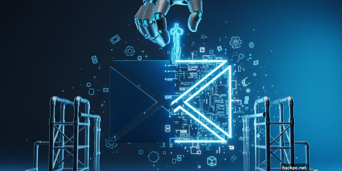 Microsoft Outlook logo being rebuilt by AI robotic hand with circuits