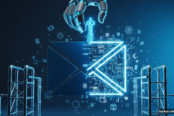 Microsoft Outlook logo being rebuilt by AI robotic hand with circuits
