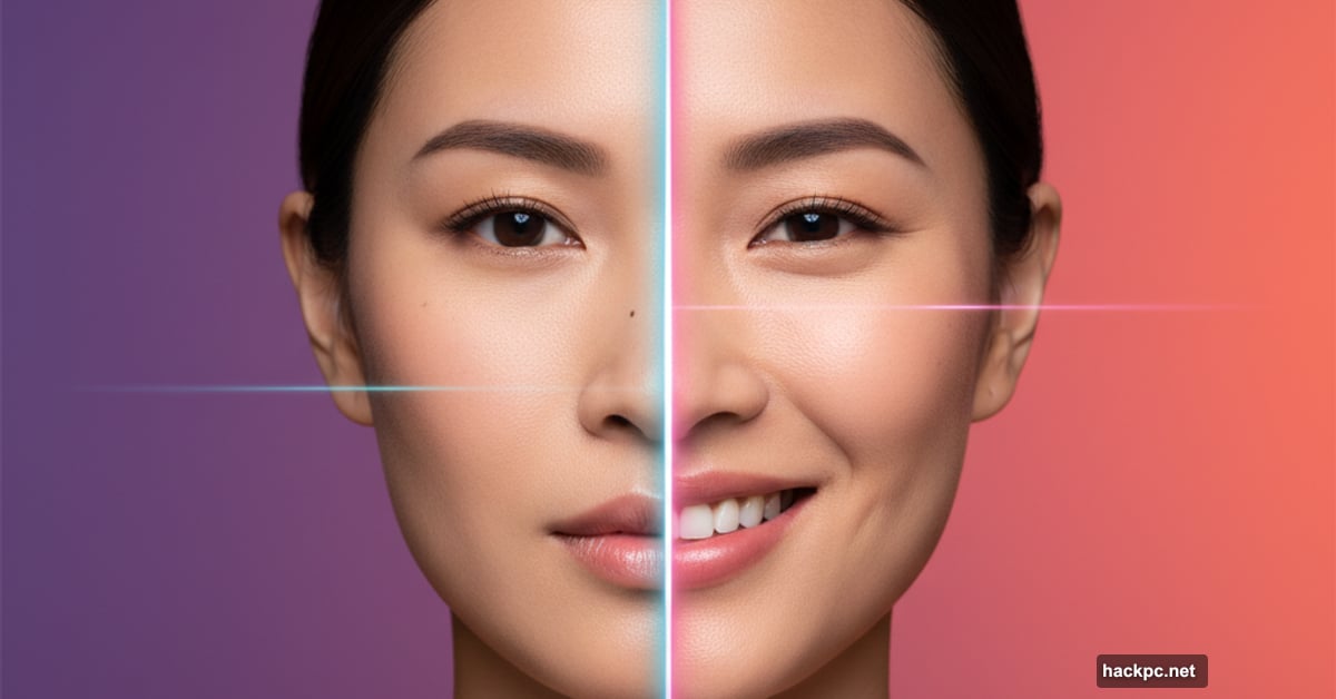 Split portrait showing same model with different expressions demonstrating AI consistency