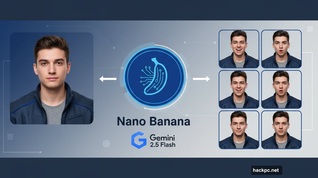 Generate six different expressions from one base portrait while maintaining identity