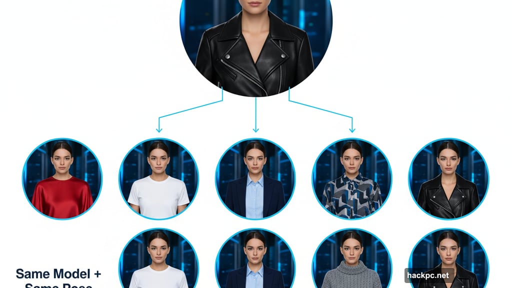 Swap outfits digitally while keeping face hair pose and background identical