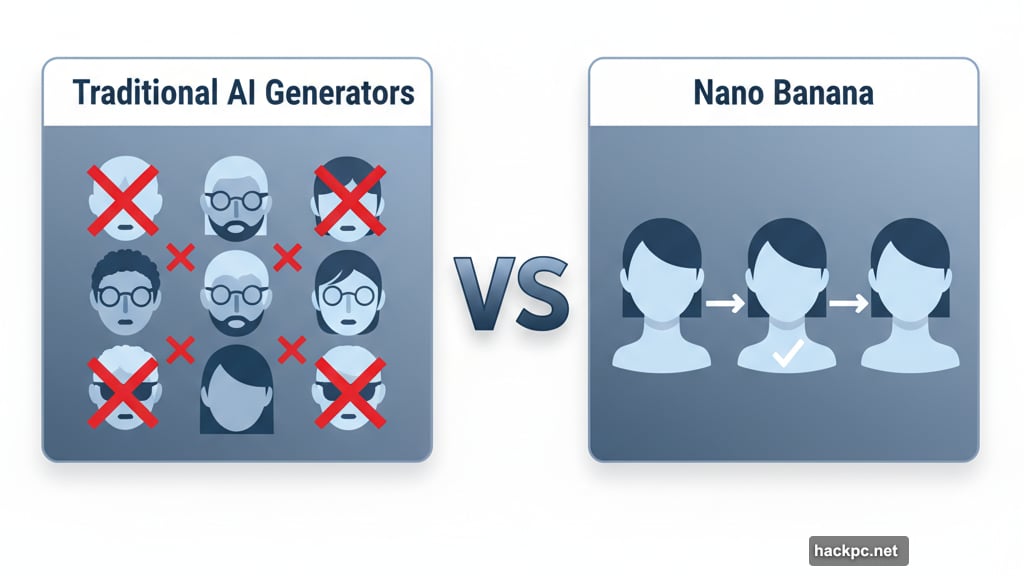 Nano Banana preserves identity across edits unlike traditional AI generators