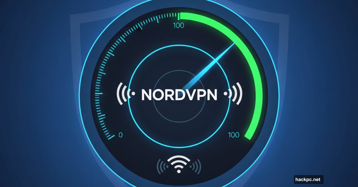 NordVPN speedometer showing maximum performance with minimal speed loss