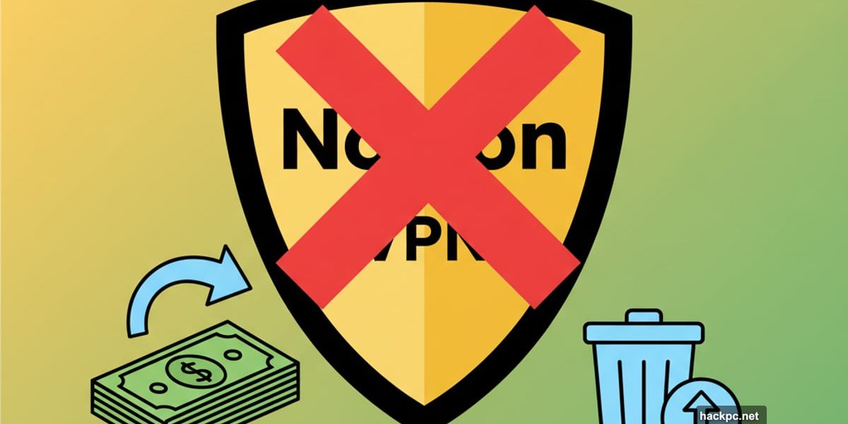 Norton VPN shield with cancel symbol, refund and uninstall icons