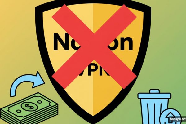 Norton VPN shield with cancel symbol, refund and uninstall icons