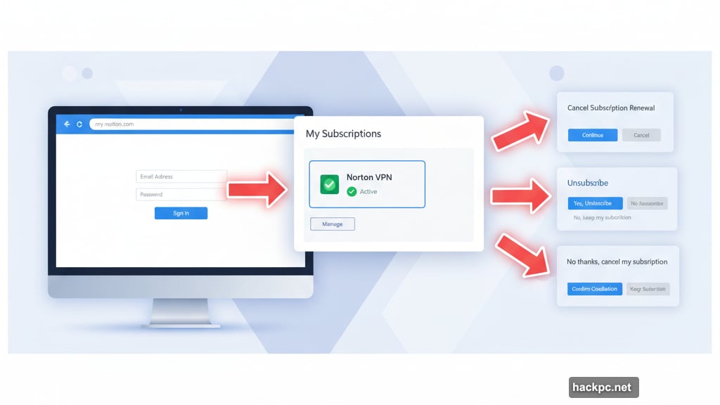 Norton VPN subscription cancellation process through my.norton.com dashboard