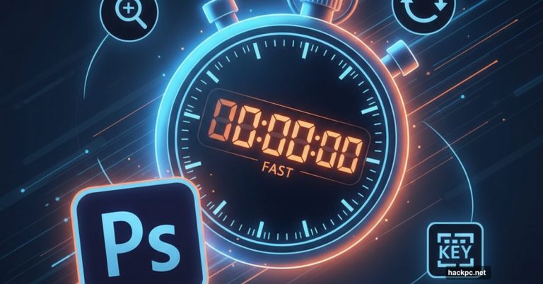 Stopwatch with Photoshop logo and speed efficiency icons