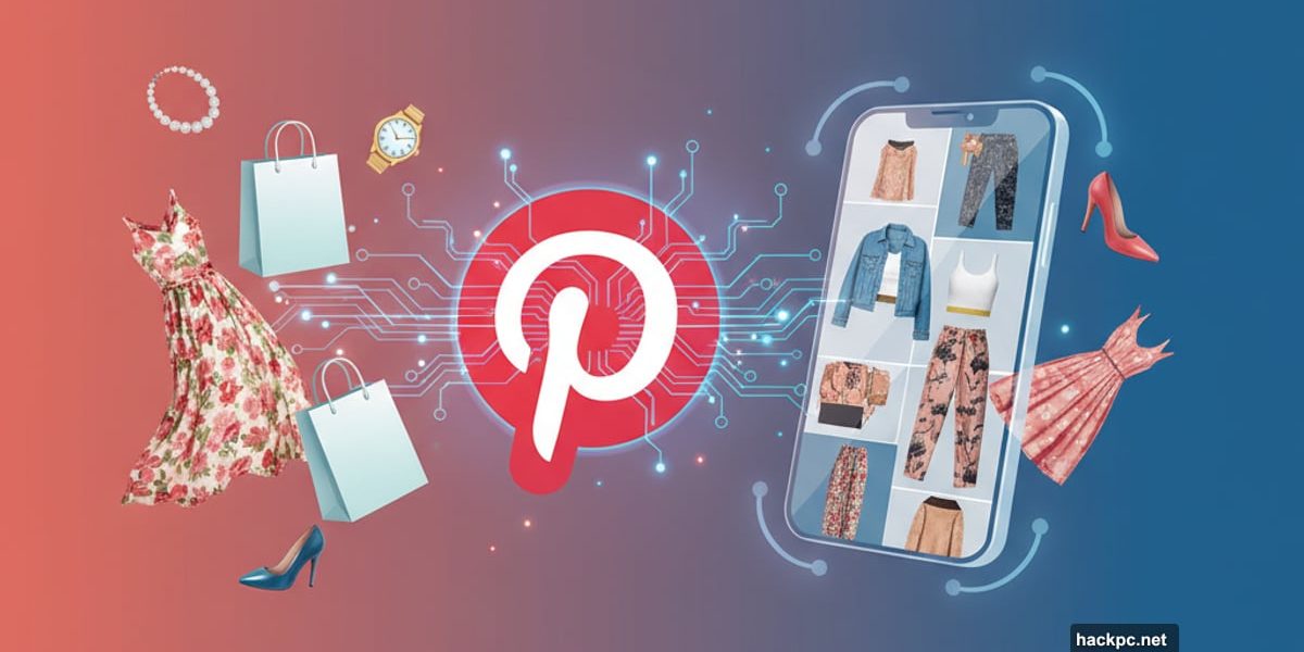 Pinterest logo with AI neural network connecting to shopping and fashion items