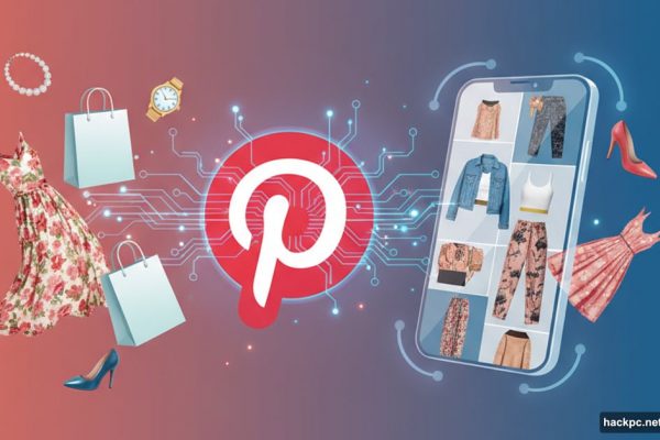Pinterest logo with AI neural network connecting to shopping and fashion items