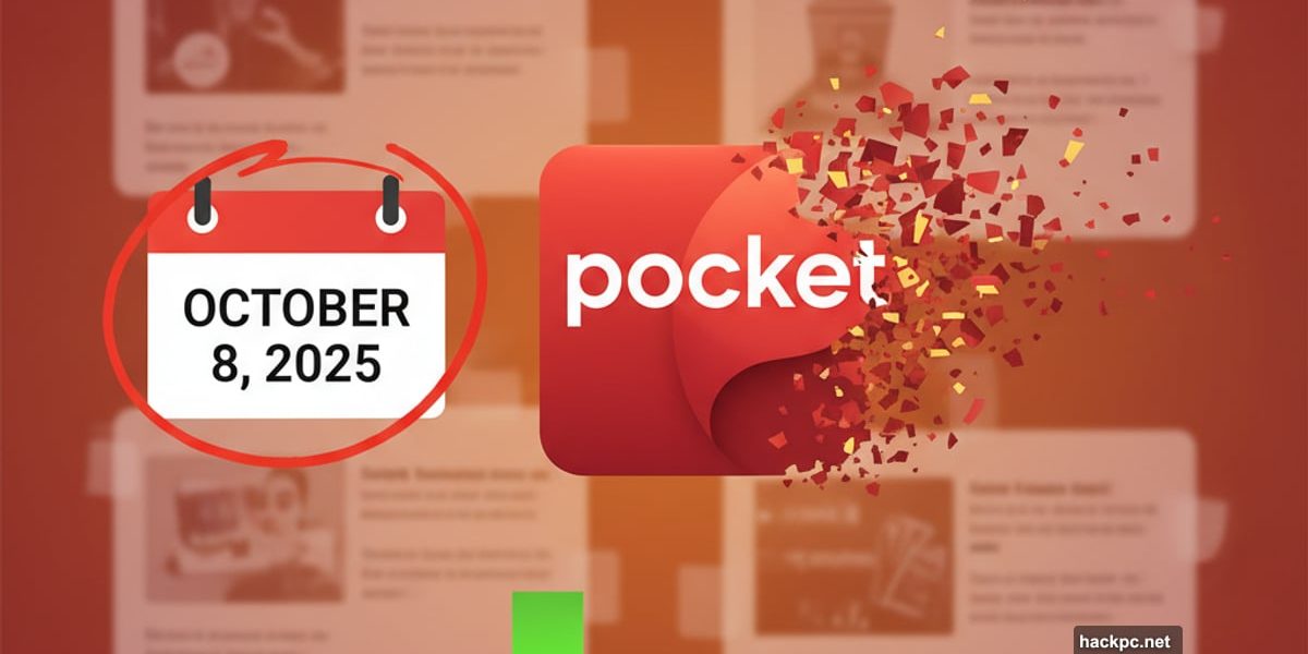Pocket app logo crumbling with urgent calendar and data export symbol