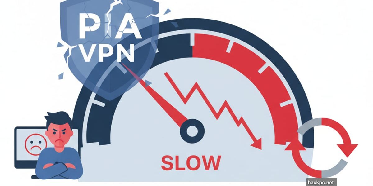 Private Internet Access VPN speedometer showing poor performance with declining speeds