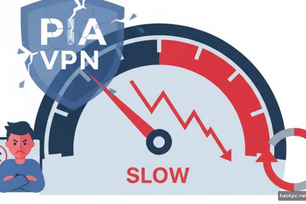 Private Internet Access VPN speedometer showing poor performance with declining speeds