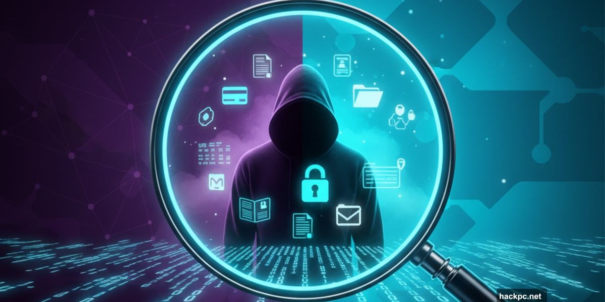 Magnifying glass revealing stolen data and hooded figure on dark web