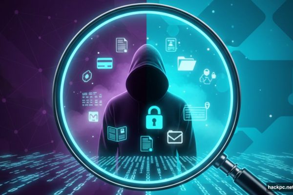 Magnifying glass revealing stolen data and hooded figure on dark web