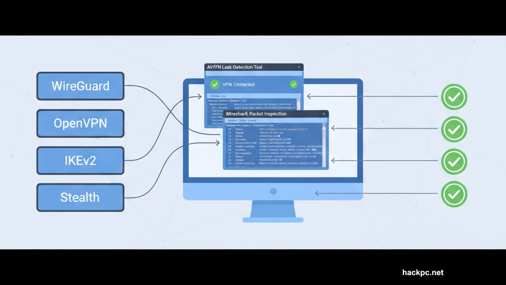 Four encryption protocols tested with leak detection and packet inspection