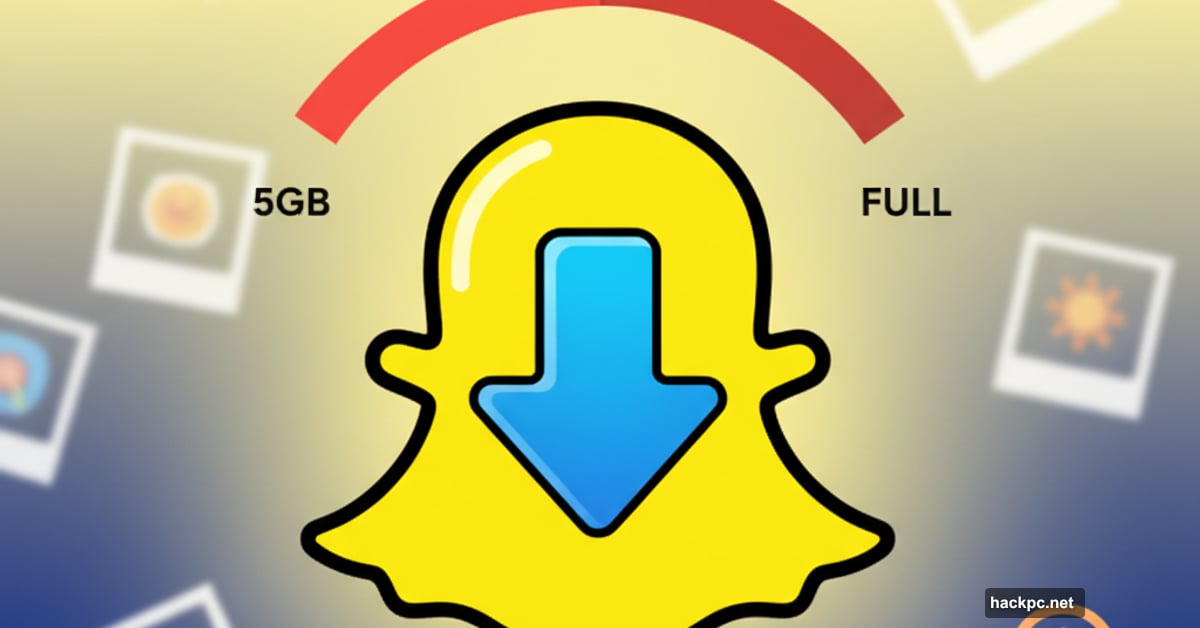 Snapchat ghost logo with full 5GB storage meter and download arrow icon