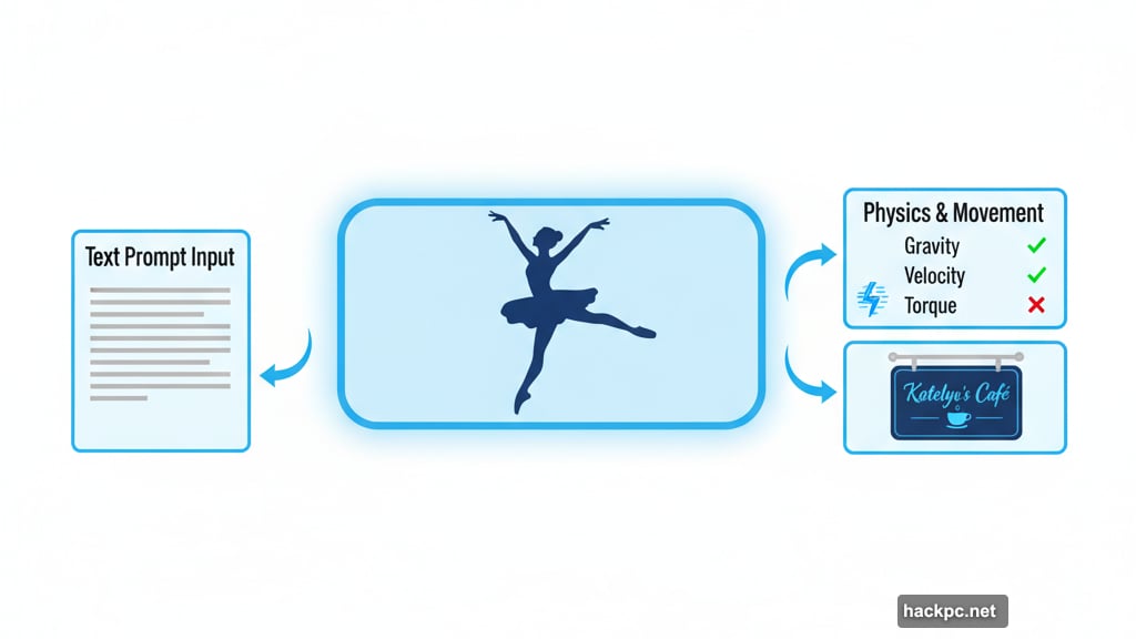AI video quality testing ballerina movement and text generation accuracy