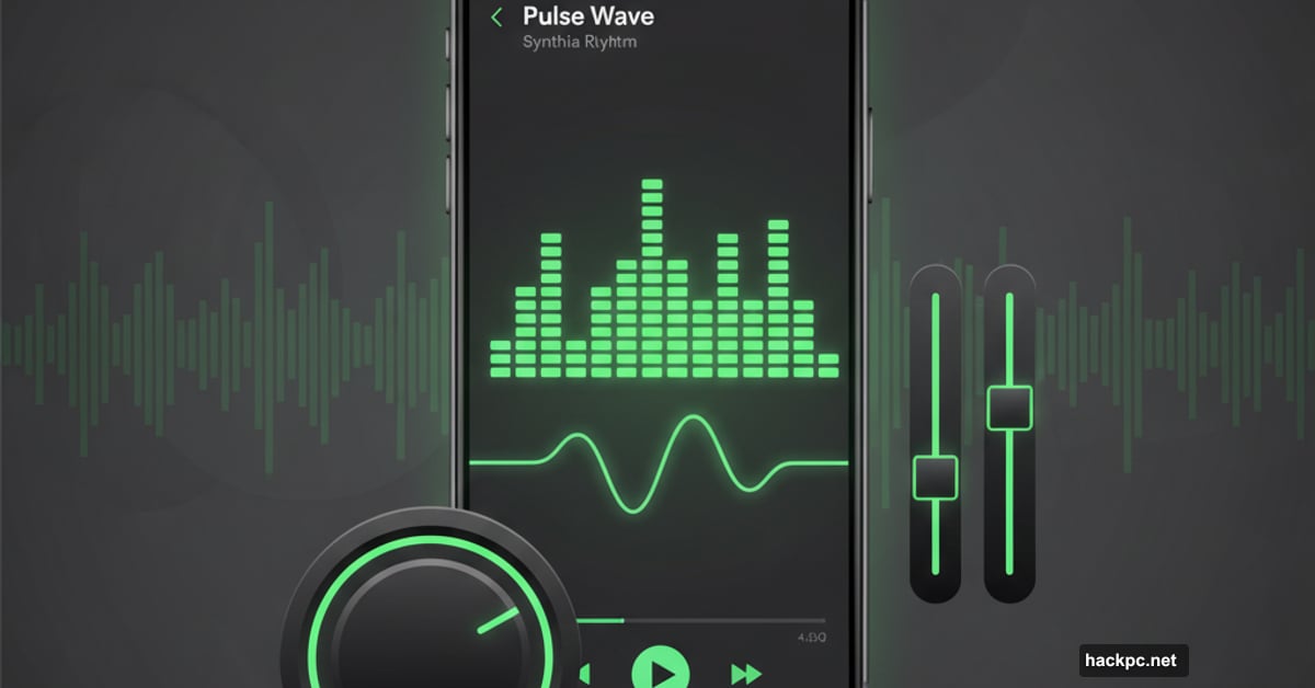 Smartphone showing Spotify equalizer settings with volume and audio controls