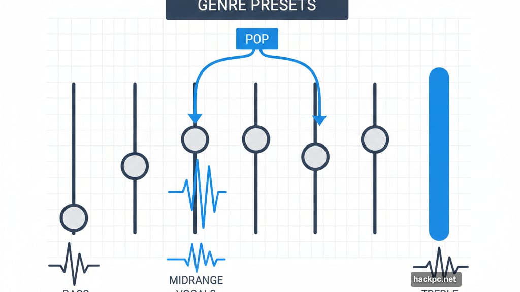 Six-dot slider graph controls bass, treble, and midrange vocal frequencies