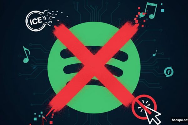 Spotify logo with red cancel button and ICE badge symbols