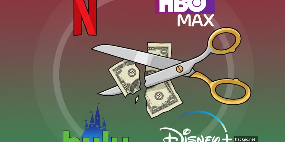 Scissors cutting dollar bill surrounded by streaming service logos