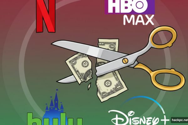 Scissors cutting dollar bill surrounded by streaming service logos