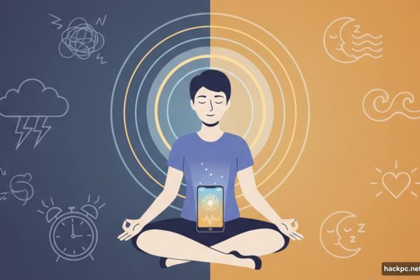 Person meditating peacefully transitioning from chaos to calm with meditation app