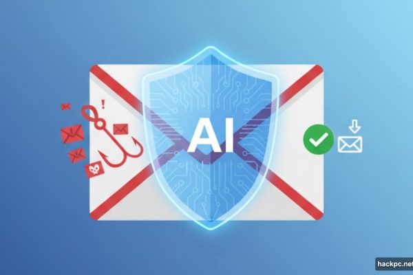 AI shield protecting Gmail envelope from phishing hook attacks